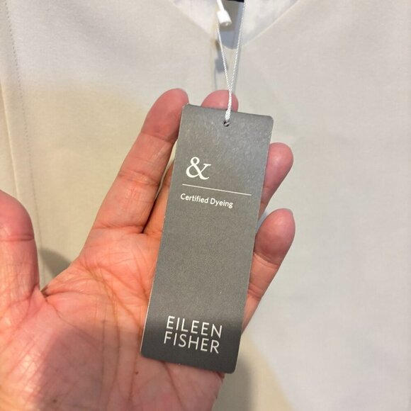 Eileen Fisher Silk Two Tone V Neck Sleeveless Shift Dress Bone Black - Picture 4 of 10